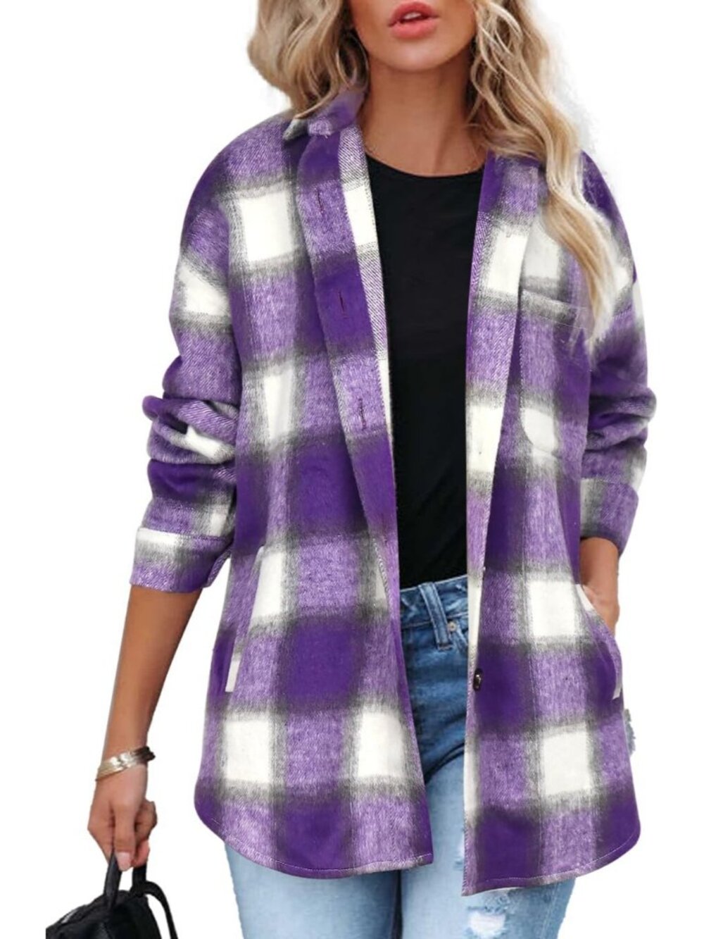Women Purple Grey Fall Plaid Long Sleeve Bust Pocket Button Down Flannel Shacket